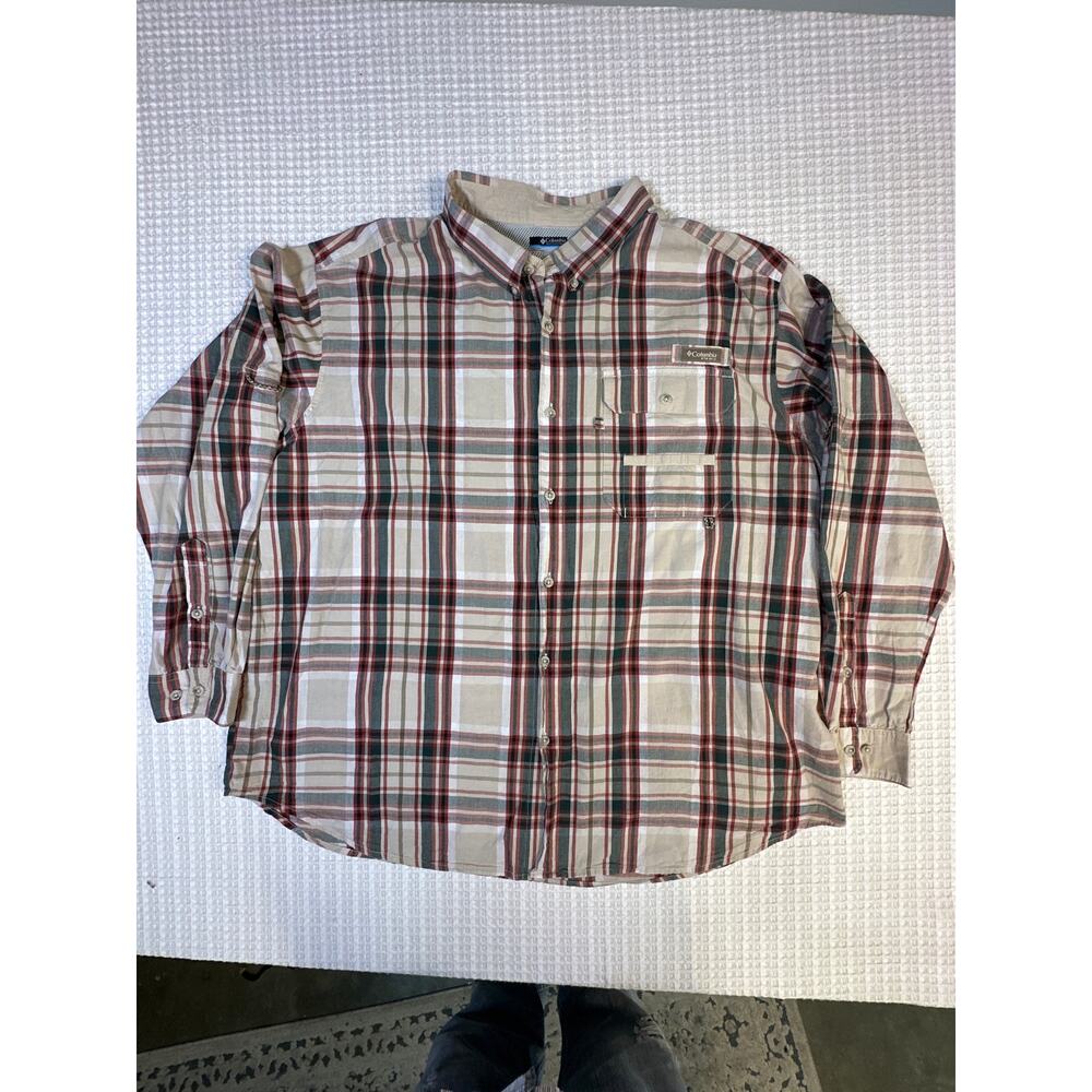 Columbia Plaid Button Up Shirt 3X Tan Red Fishing Outdoor Vented Cotton